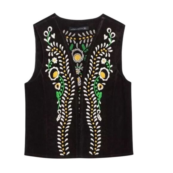 New Zara Black Embroidered Crop Vest Medium - Picture 1 of 6